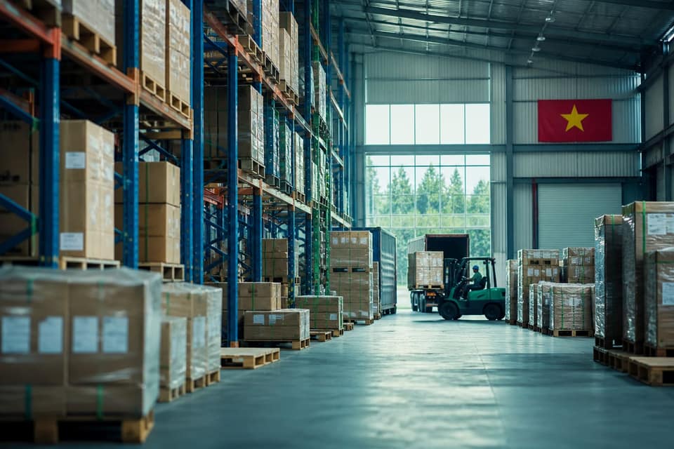 Export warehouse in Vietnam with staged cartons ready for overseas shipment